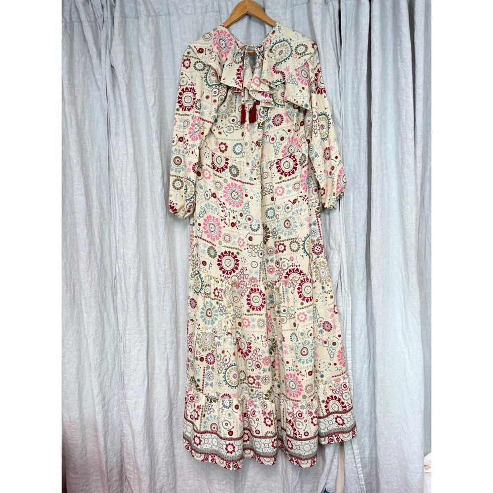 Boemo Womens Boho Tiered Maxi Dress Medallion Paisley Ruffle Tassel Cream Size M - Picture 3 of 7